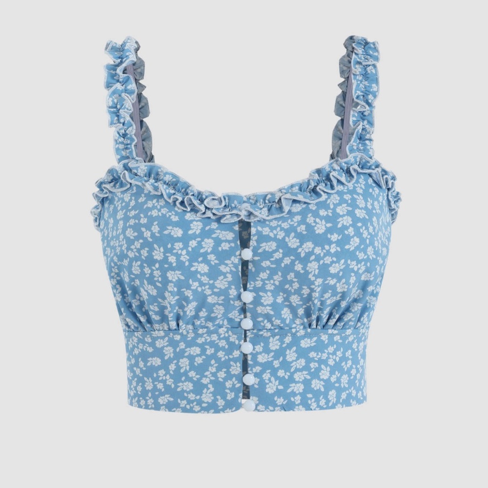 NWT CIDER DITSY FLORAL RUFFLE CROP TANK TOP BLUE AND WHITE SIZE LARGE BEACHY